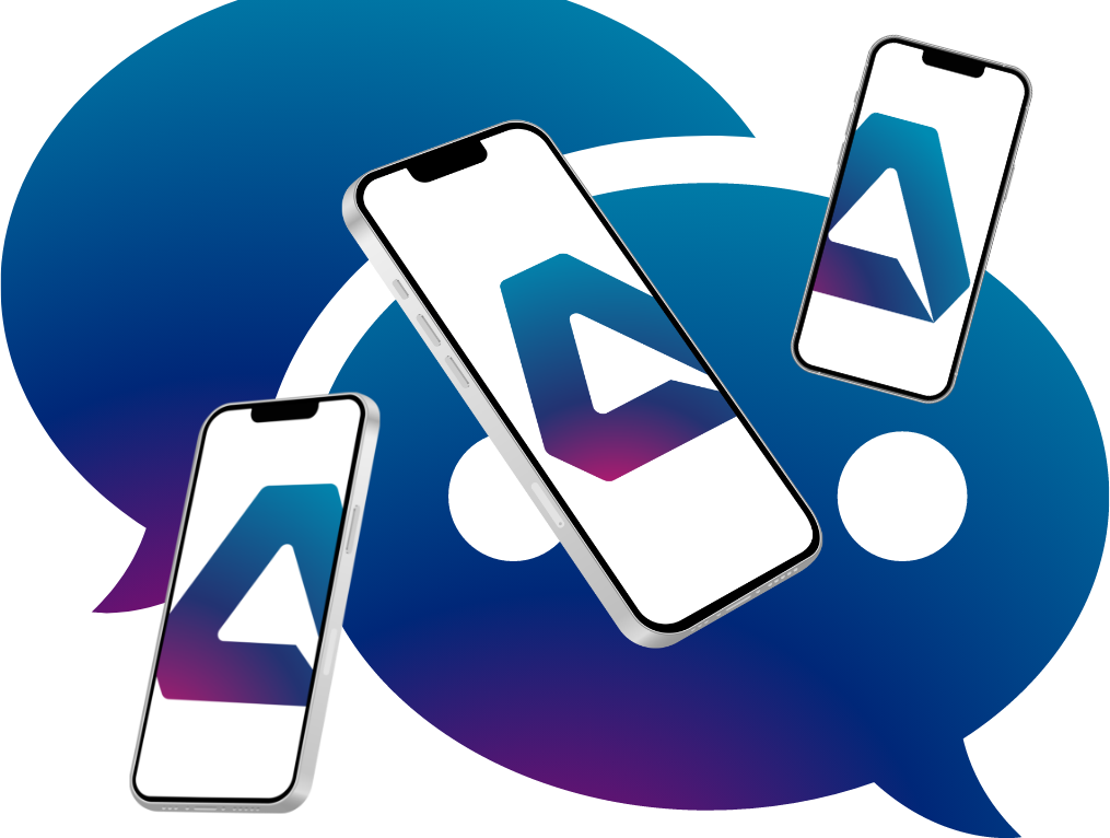 Trois téléphones intelligents affichant le logo AET devant une grande bulle de dialogue