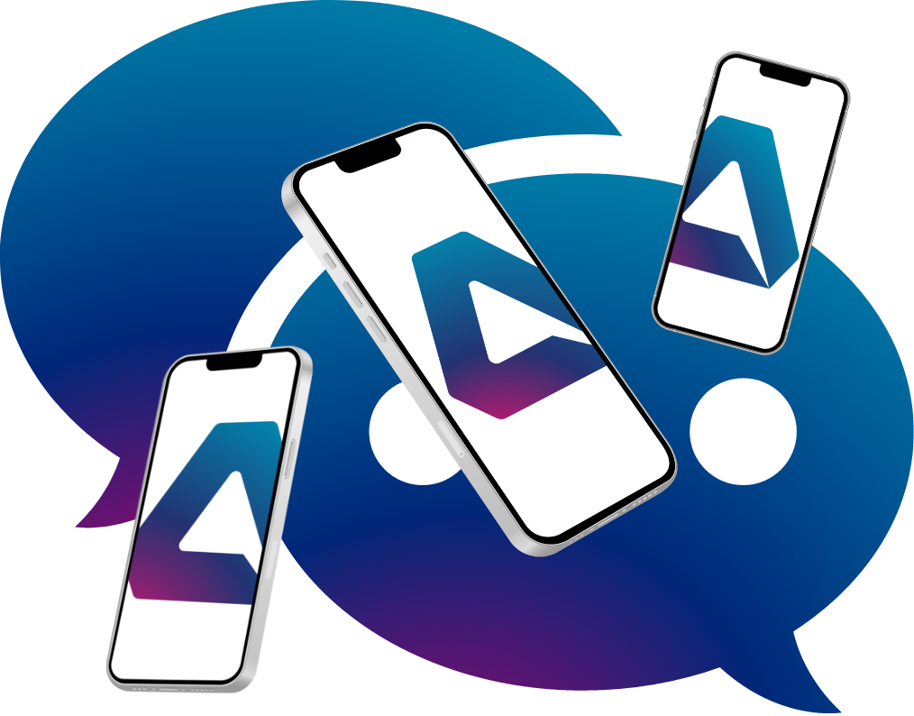 Trois téléphones intelligents affichant le logo AET, devant une bulle de dialogue