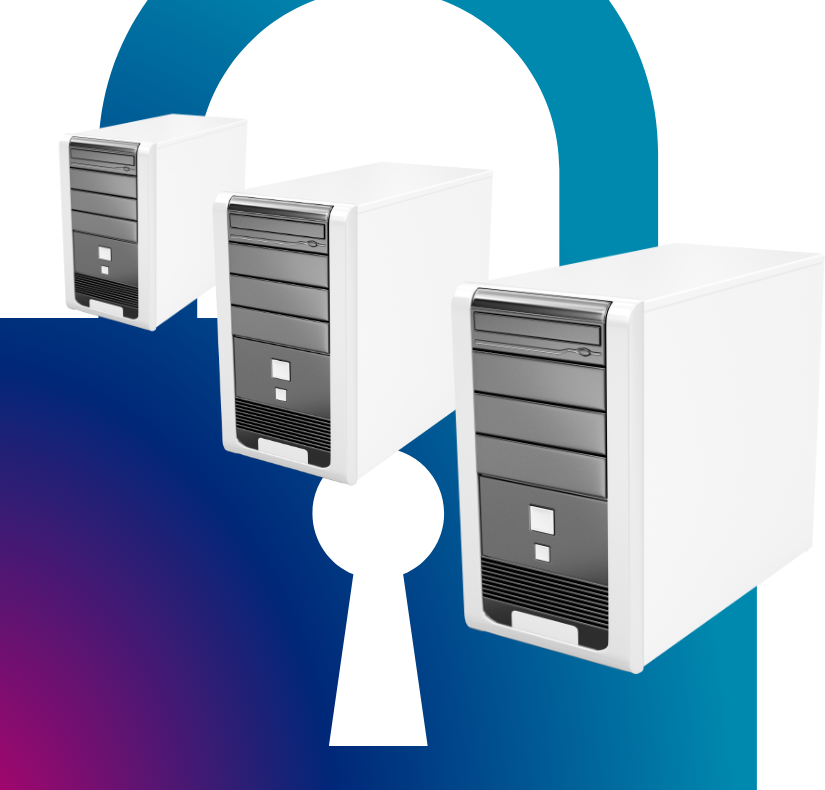 Three computer towers in front of a padlock and keyhole shape, suggesting secured systems.