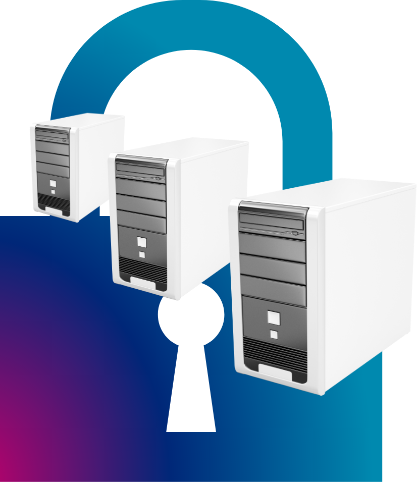 Three desktop computer towers in front of a padlock with a keyhole