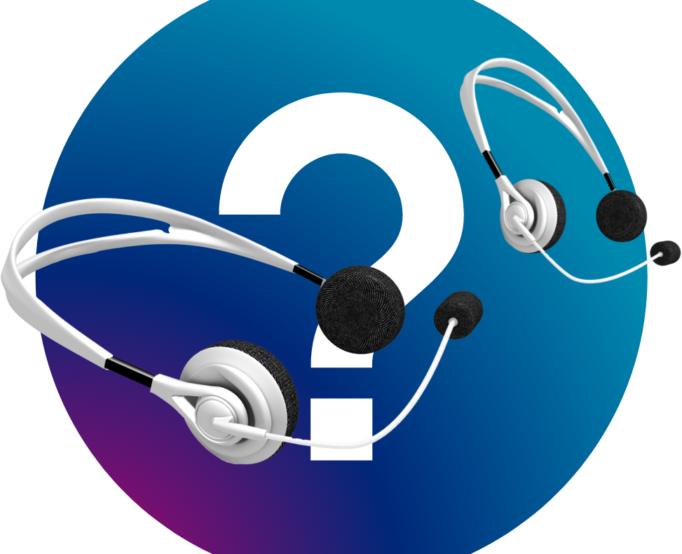 Deux casques d'écoute avec microphone devant un point d'interrogation sur un cercle bleu et violet