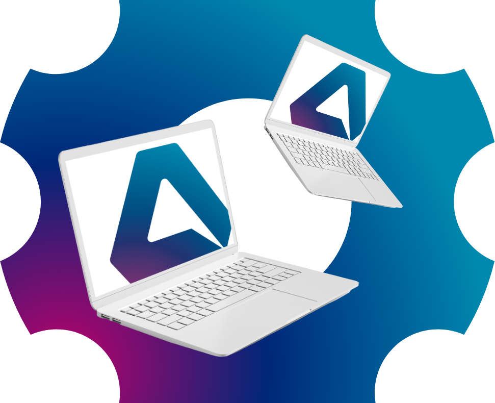 Two laptops displaying the AET Solutions logo on their screens