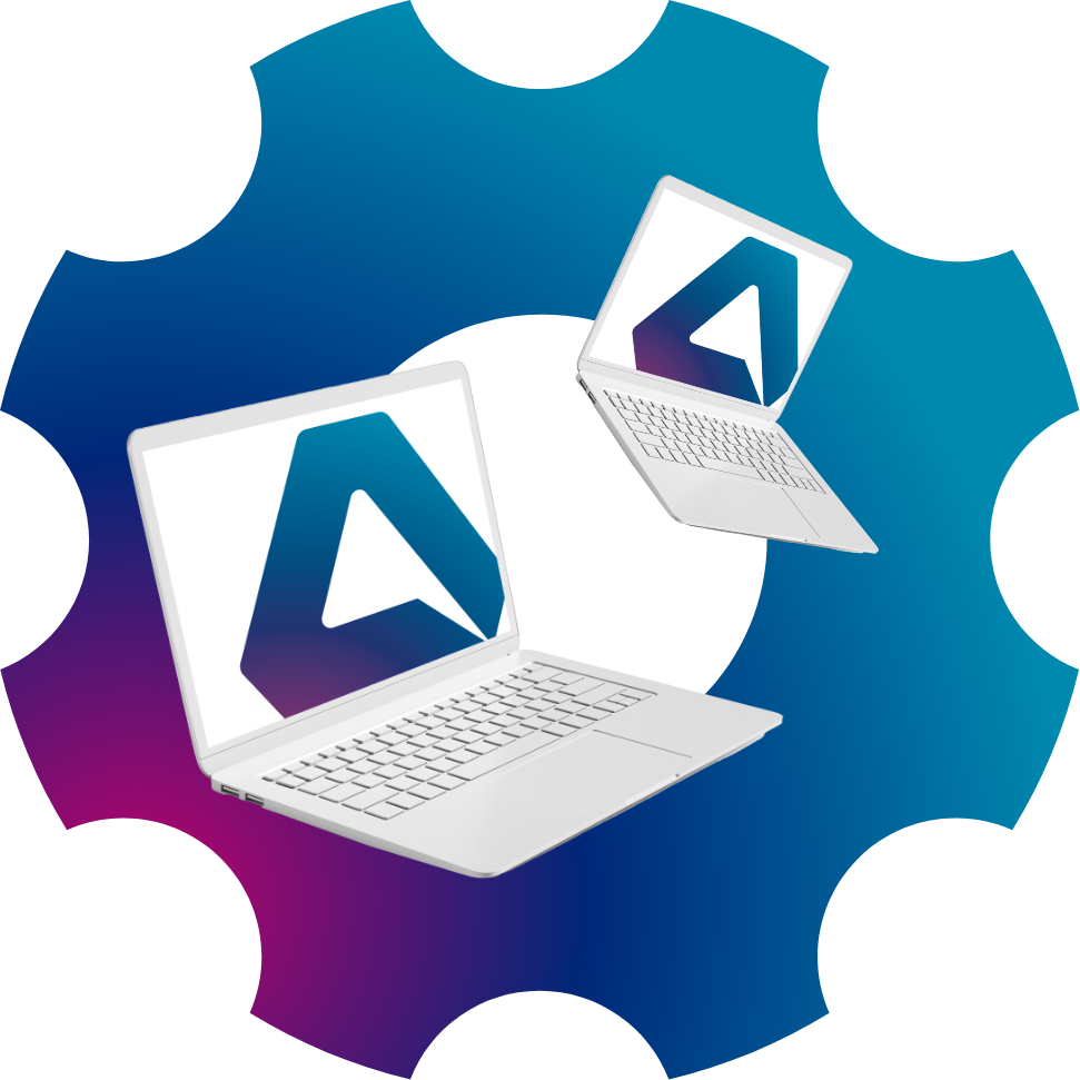 Two laptops displaying the AET logo, framed by a gear shape